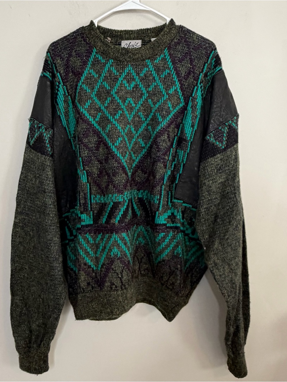 Vintage 80s 90s Southwestern Geometric Sweater Teal Purple Faux Leather